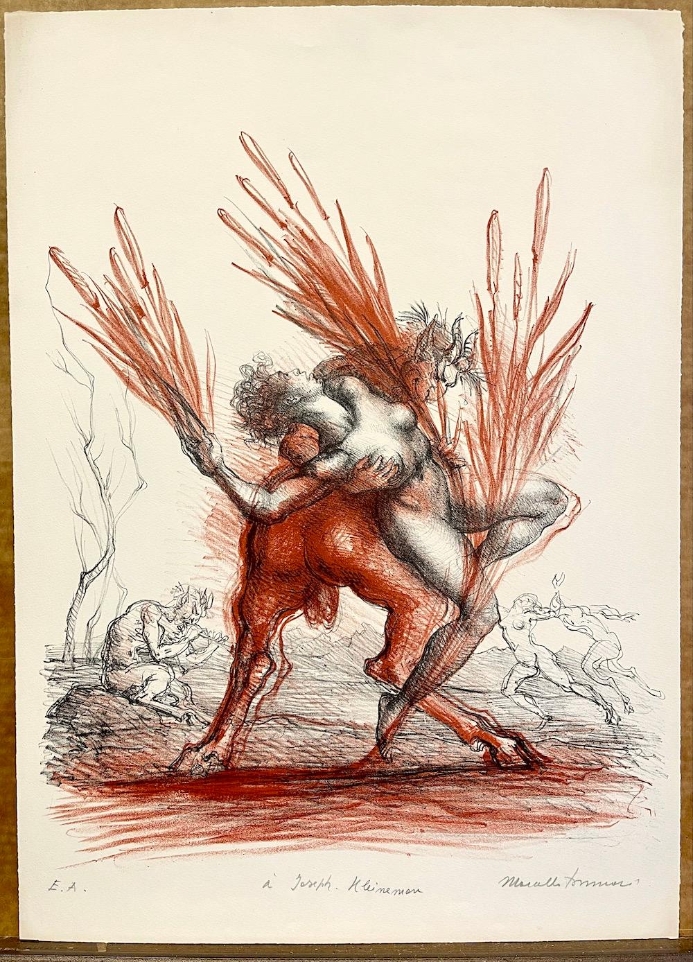 OVID METAMORPHOSES - Metamorfosi di Ovidio is an original hand drawn lithograph by the Italian artist sculptor Marcello Tommasi (1928-2008). Printed by hand in black and deep red brown color ink on archival printmaking paper using traditional hand