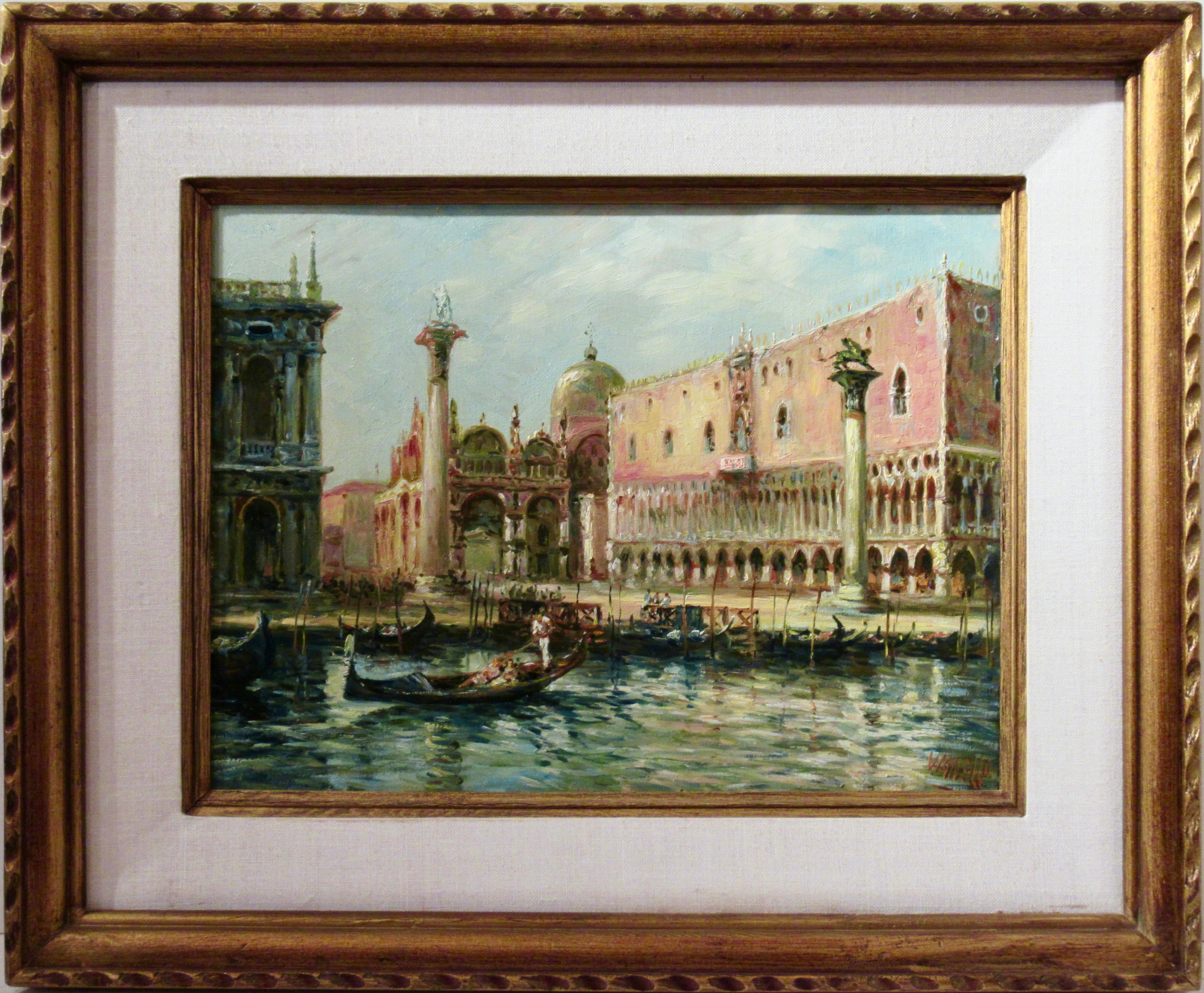 Figurative Painting di Marcello Vianello - Vista della trafficata Piazza San Marco con il Palazzo Ducale