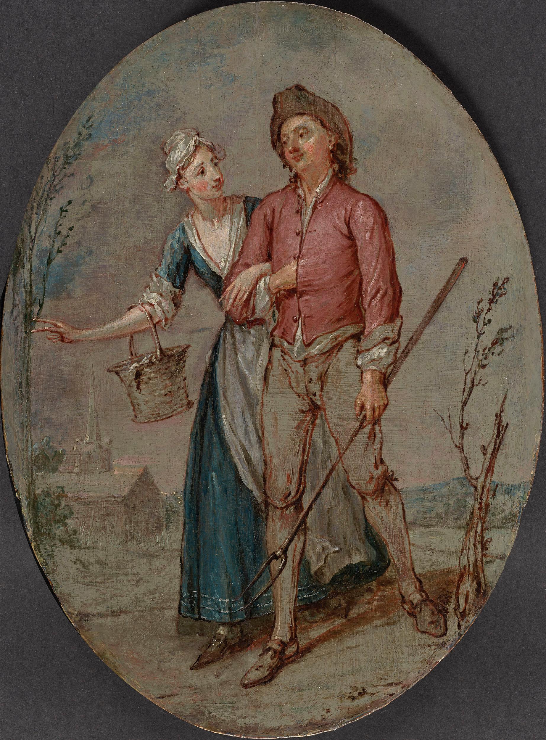 A young couple returning from the fields - Painting by Marcellus Laroon The Younger
