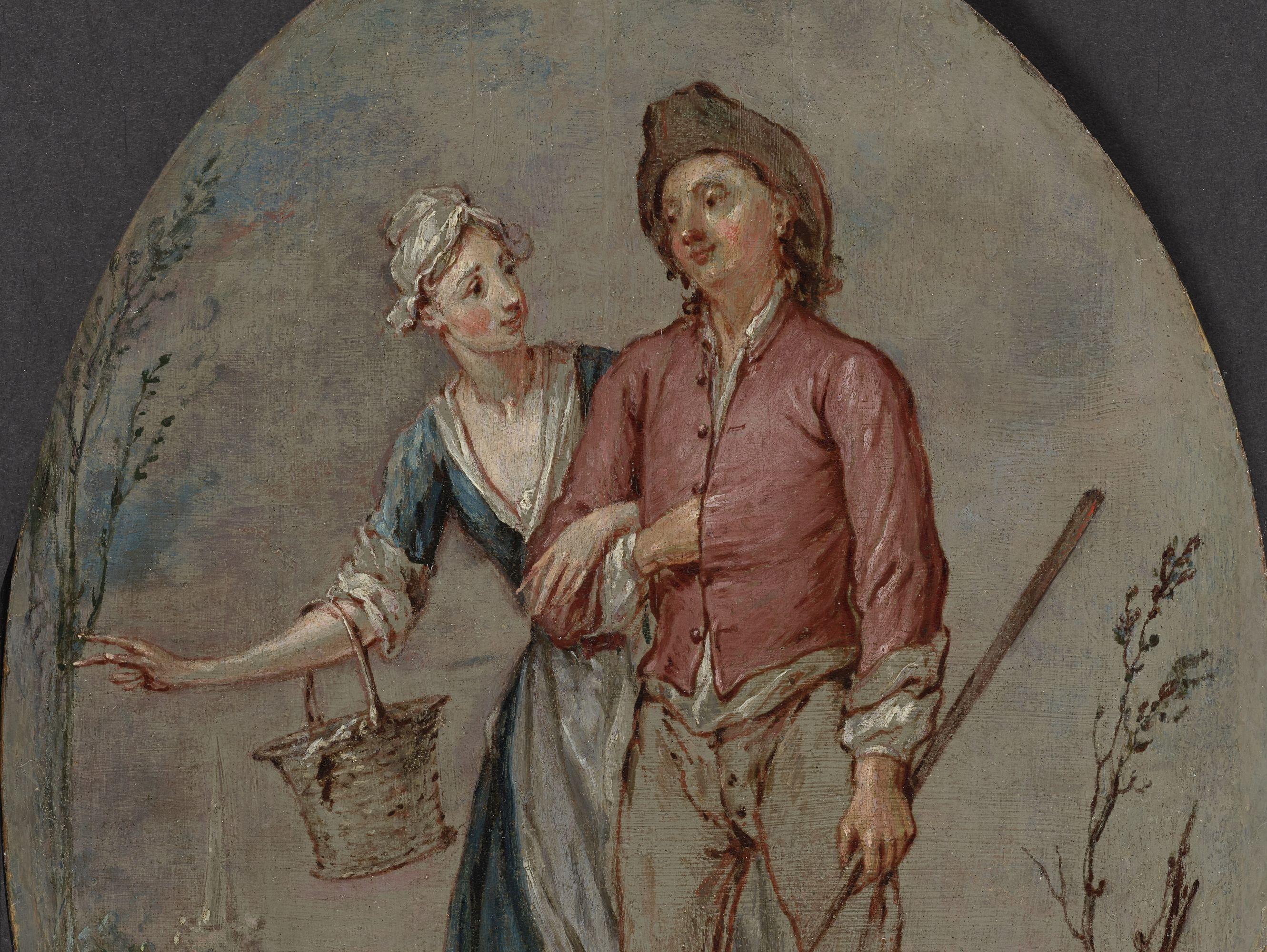 A young couple returning from the fields - Old Masters Painting by Marcellus Laroon The Younger