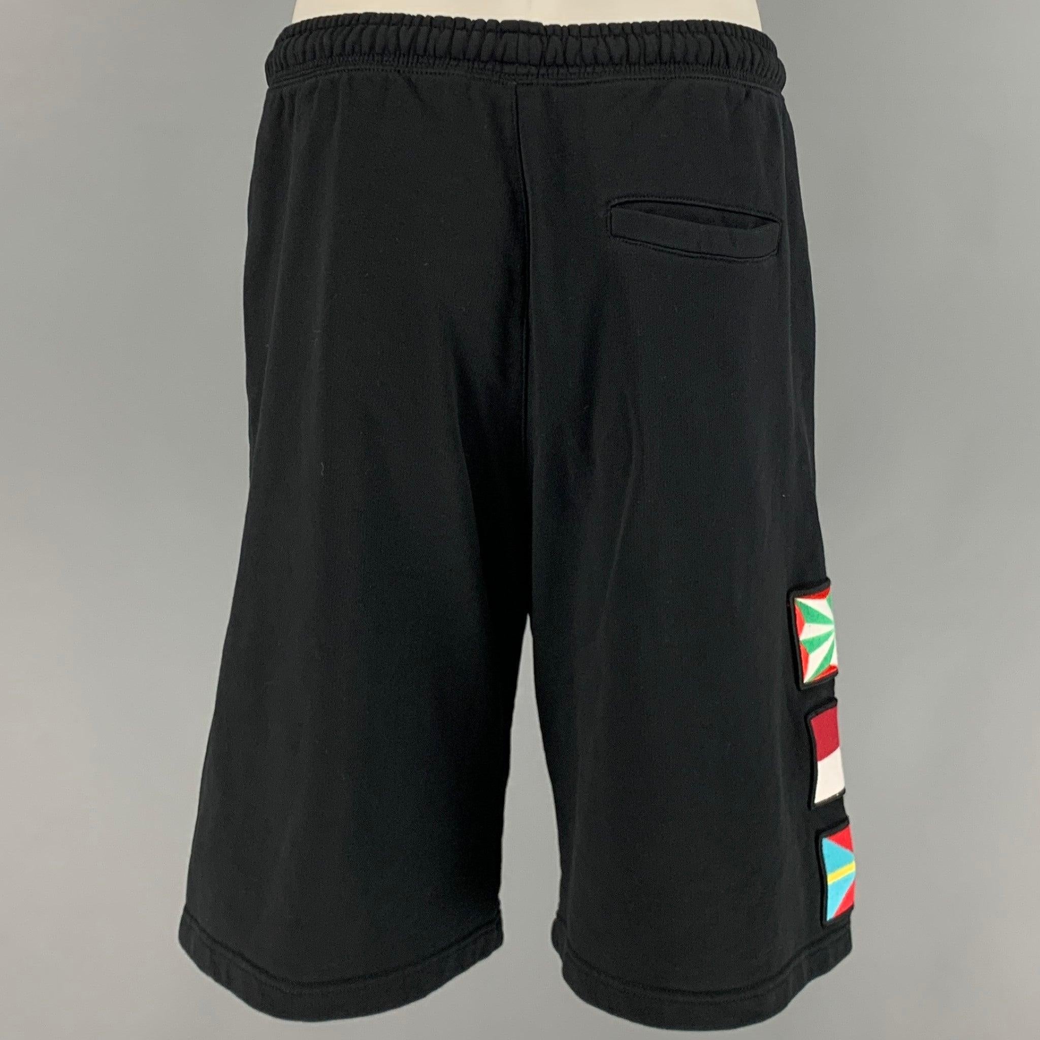 Men's MARCELO BURLON Size S Black Multi-Color Applique Cotton Drawstring Shorts For Sale