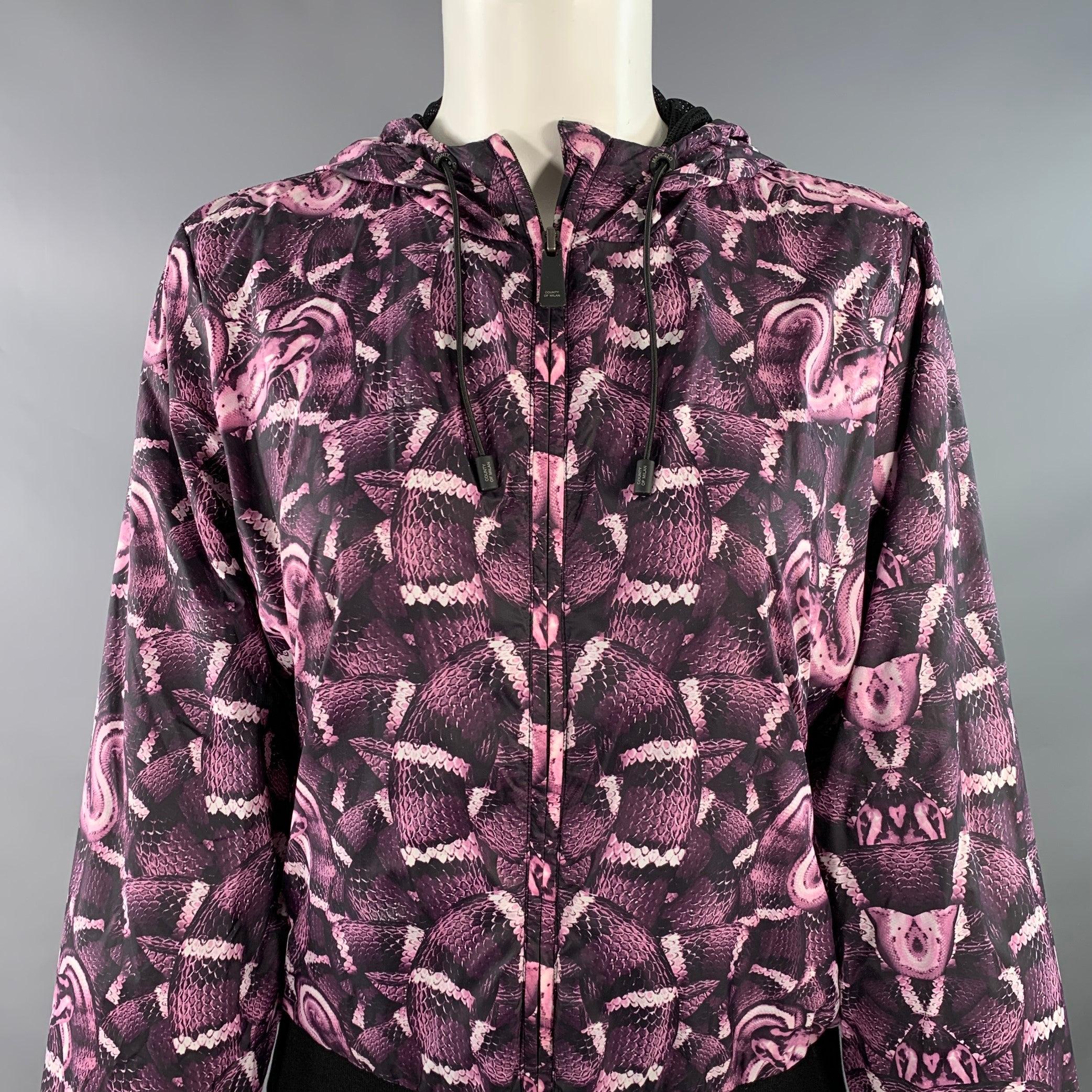 MARCELO BURLON jacket
in a black and purple polyamide fabric featuring an all over symmetrical snake print, hooded style, mesh lining, and zip up closure. Excellent Pre-Owned Condition. 

Marked:   S 

Measurements: 
 
Shoulder: 15 inches Bust: 38