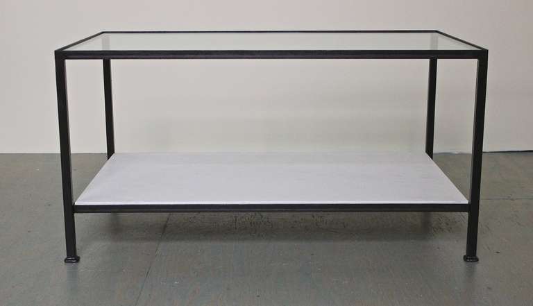 Mid-Century Modern Marcelo Coffee Table with Clear Glass Top and Stone Shelf For Sale