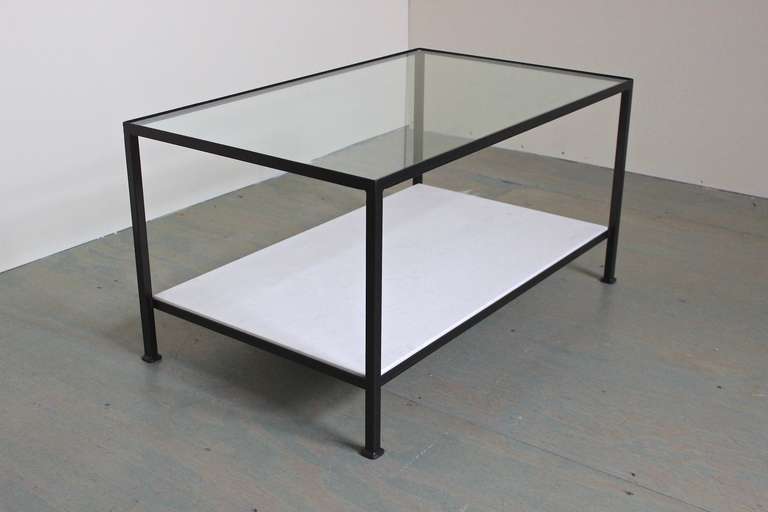 American Marcelo Coffee Table with Clear Glass Top and Stone Shelf For Sale