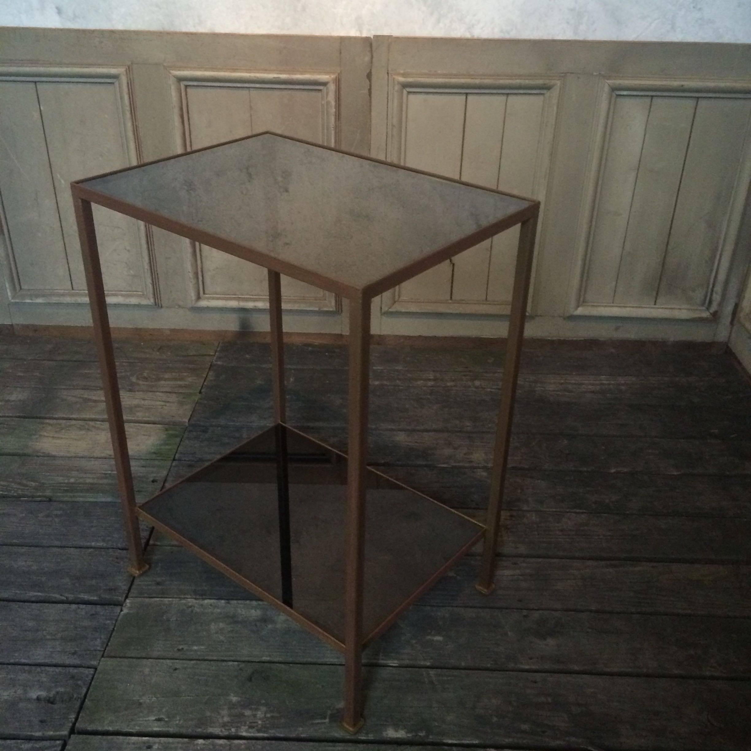 American Marcelo Iron End Table with Grey Glass Shelves For Sale