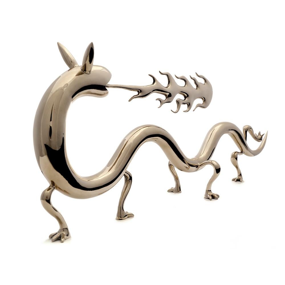 Dragoness by Marcelo M. Burgos - polished bronze sculpture, golden, dragon - Sculpture by Marcelo Martin Burgos