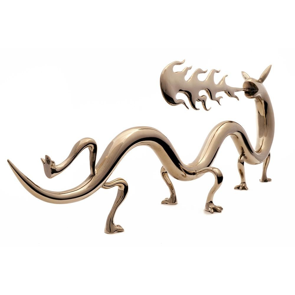 Dragoness by Marcelo M. Burgos - polished bronze sculpture, golden, dragon - Contemporary Sculpture by Marcelo Martin Burgos