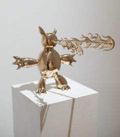 Furious Demon - polished bronze sculpture, golden