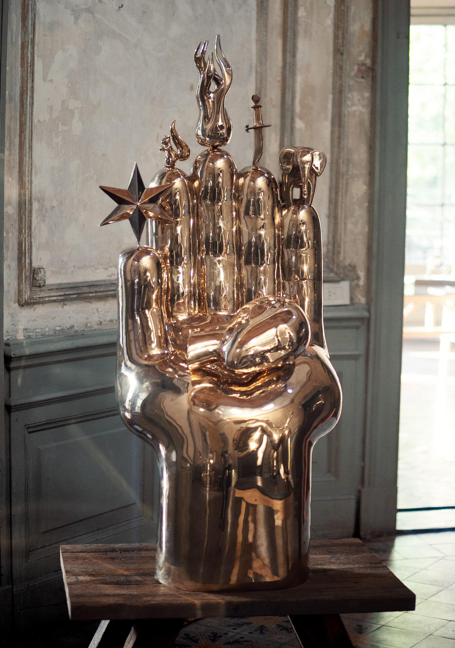 Hand is a polished bronze sculpture by contemporary artist Marcelo Martin Burgos, dimensions are 126 × 50 × 40 cm (49.6 × 19.7 × 15.7 in). 
The sculpture is signed and numbered, it is part of a limited edition of 8 editions, and comes with a