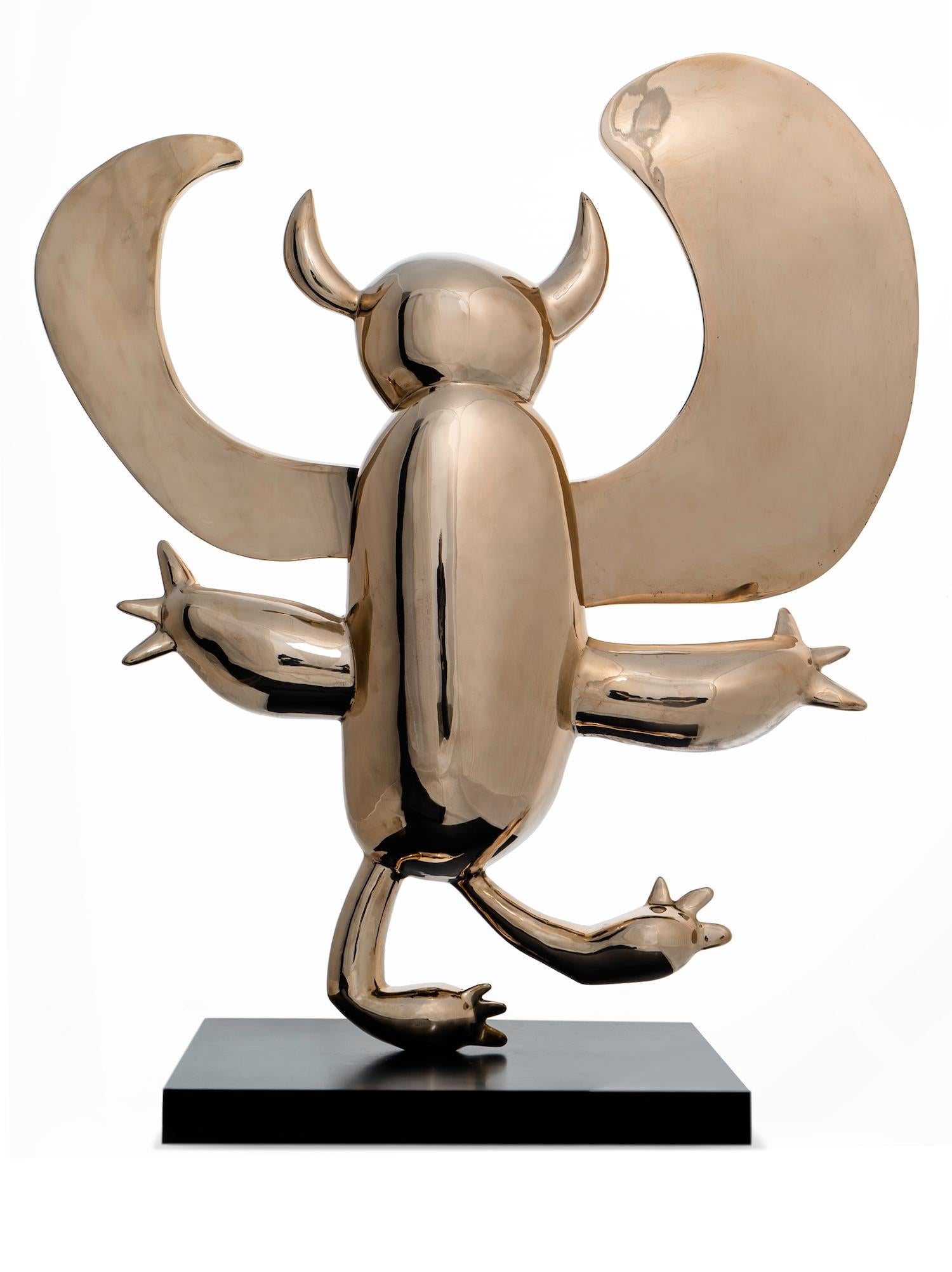 Winged Demon by Marcelo Martin Burgos - Polished bronze sculpture, golden For Sale 3