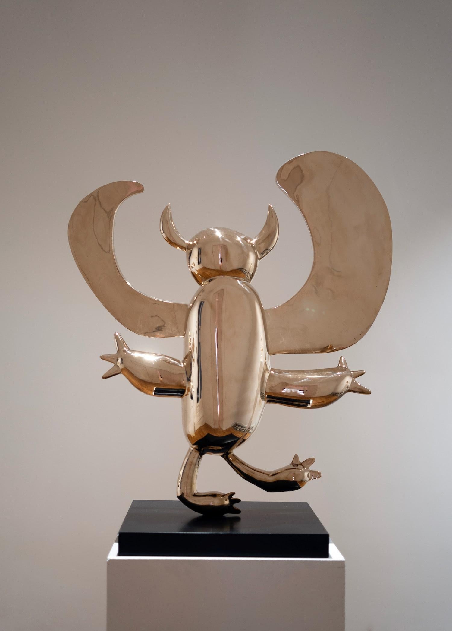 Winged Demon - polished bronze sculpture, golden