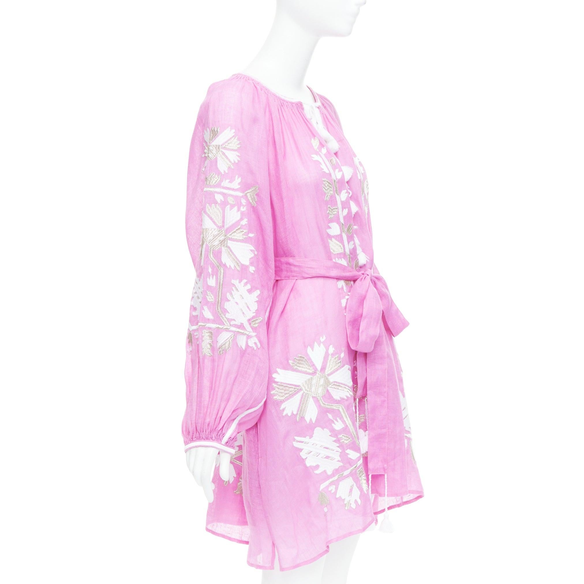 Pink MARCH 11 100% linen pink white silver cotton embroidery boho dress S For Sale