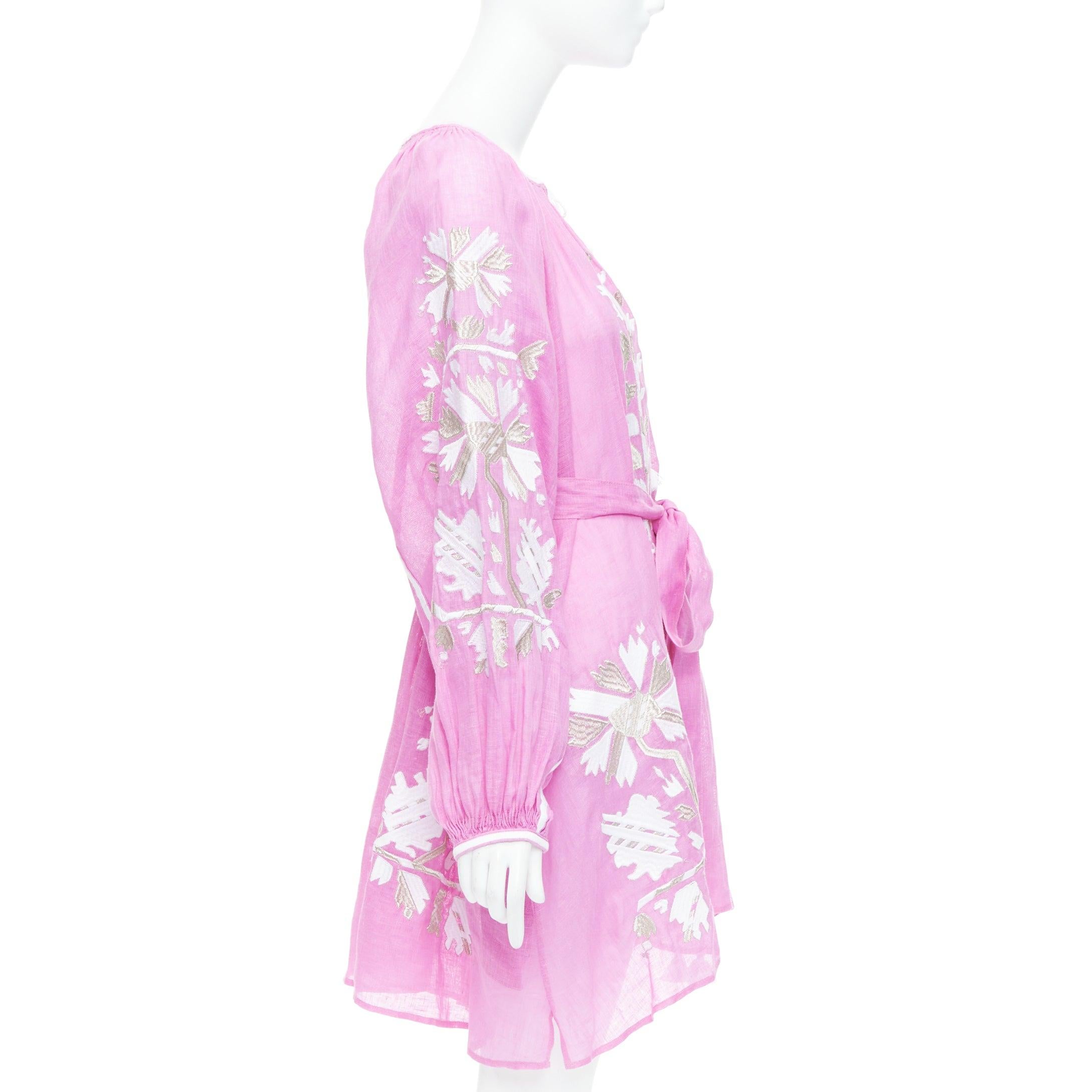 MARCH 11 100% linen pink white silver cotton embroidery boho dress S In New Condition For Sale In Hong Kong, NT