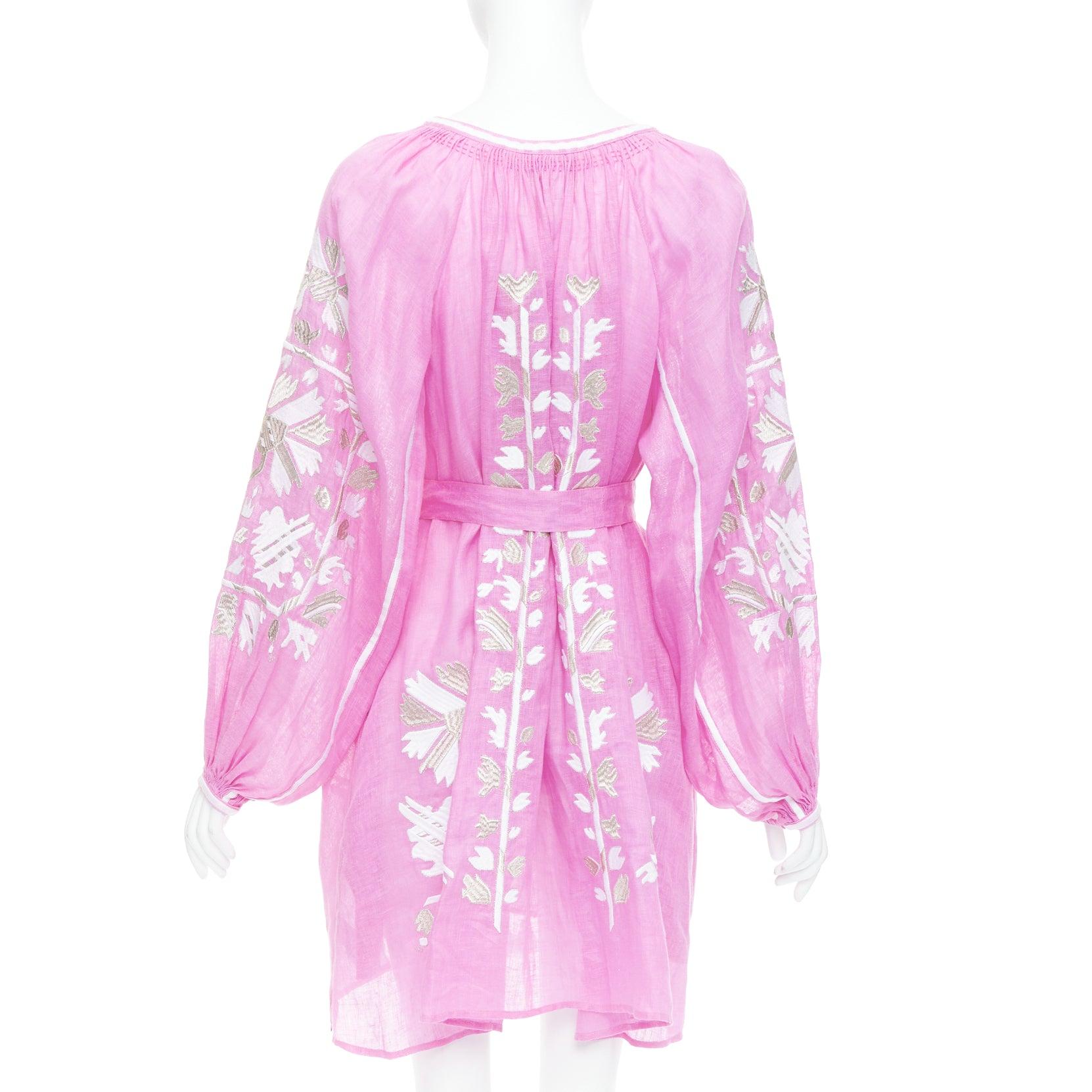 Women's MARCH 11 100% linen pink white silver cotton embroidery boho dress S For Sale