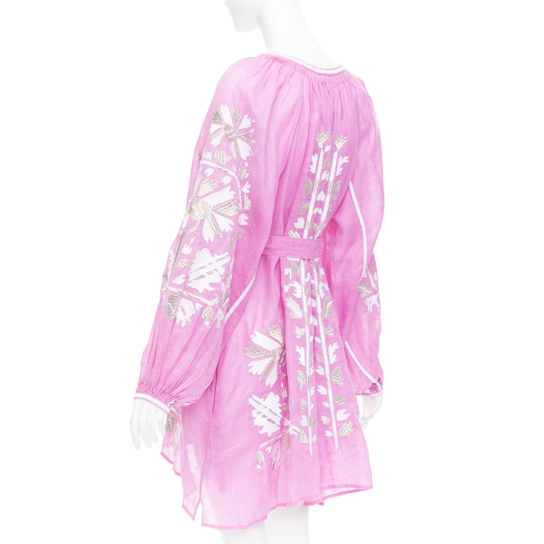 MARCH 11 100% linen pink white silver cotton embroidery boho dress S For Sale 1