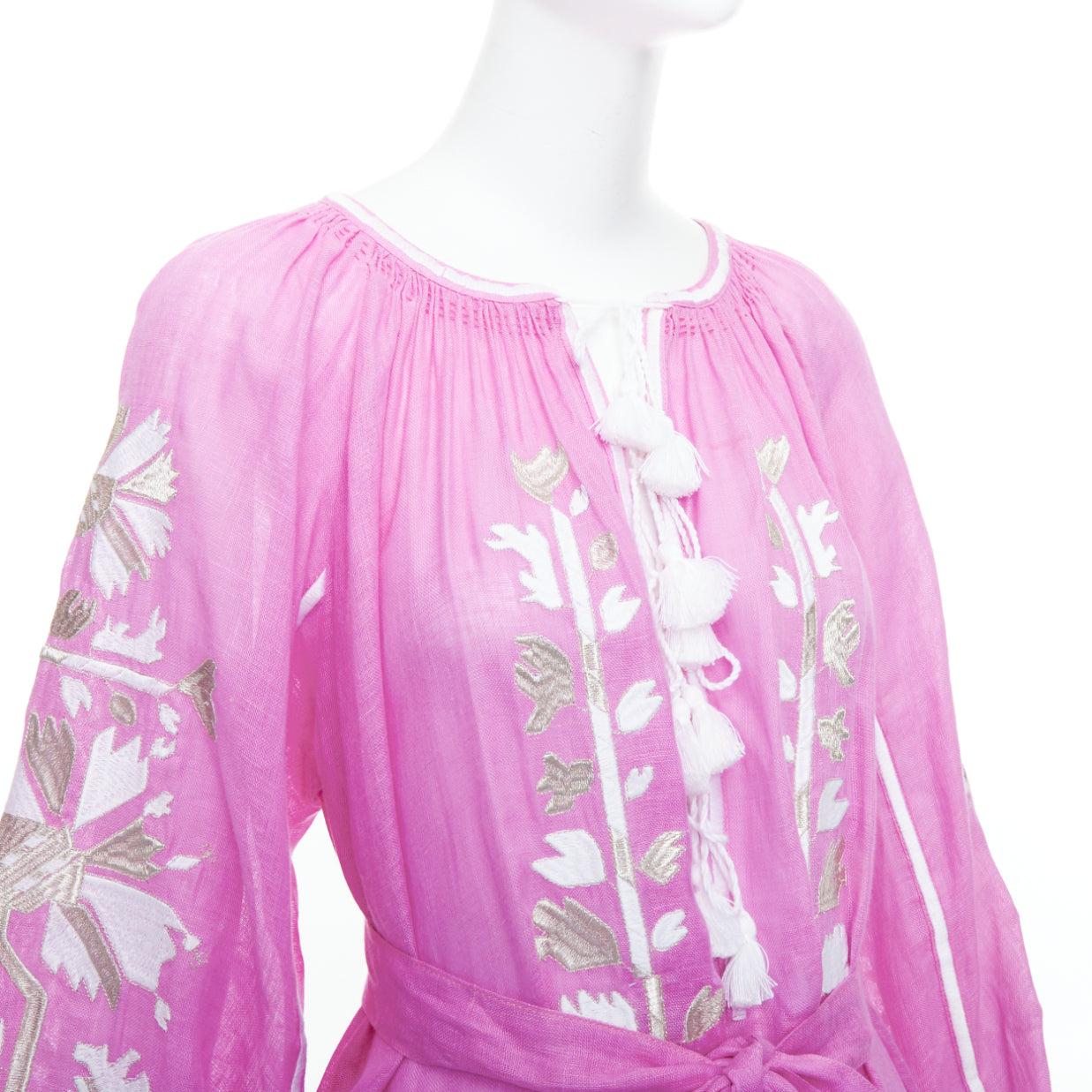 MARCH 11 100% linen pink white silver cotton embroidery boho dress S For Sale 2