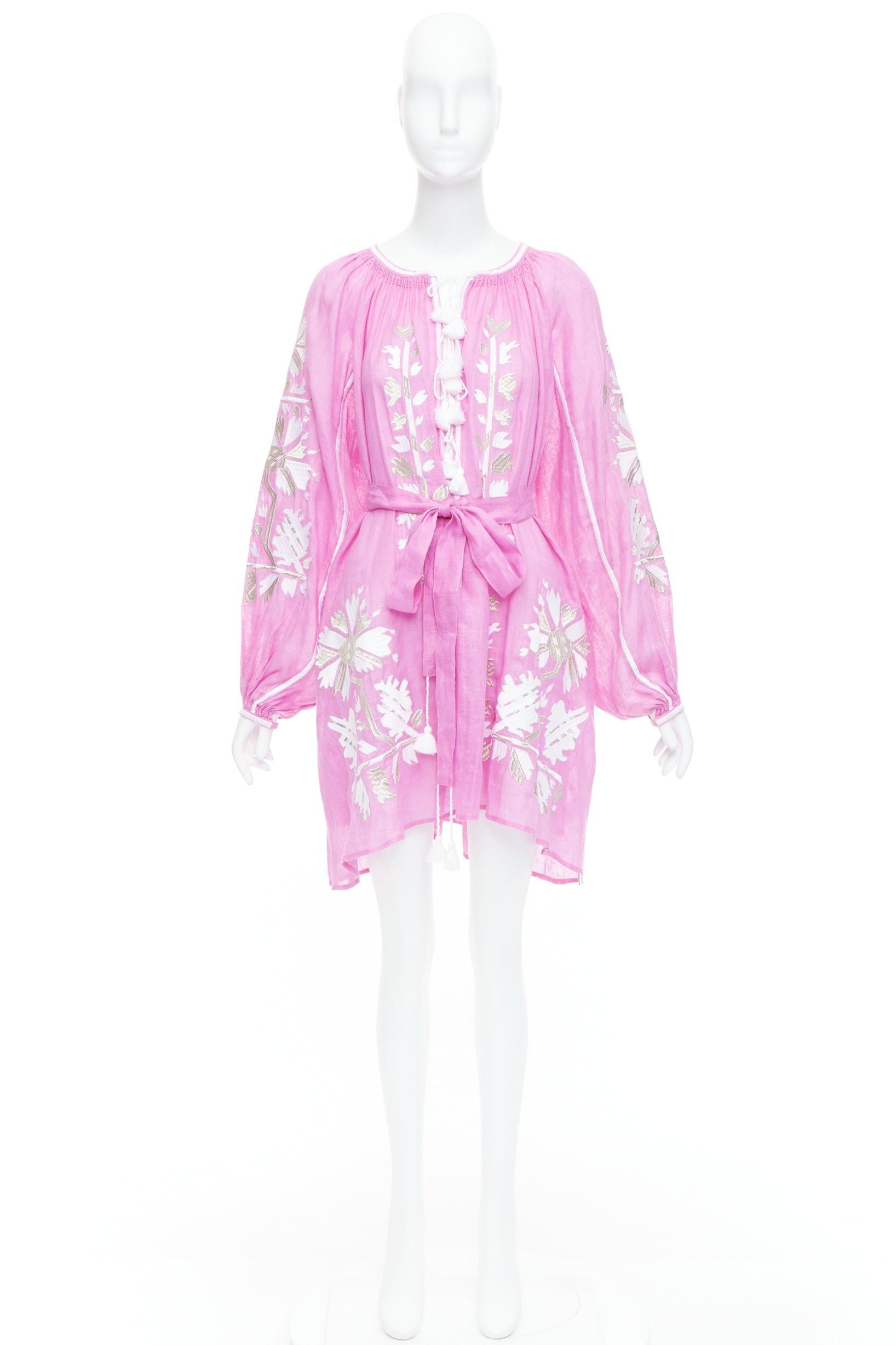 MARCH 11 100% linen pink white silver cotton embroidery boho dress S For Sale 4