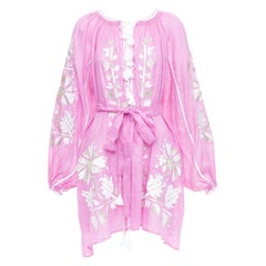 MARCH 11 100% lino rosa bianco argento cotone ricamo abito boho S
