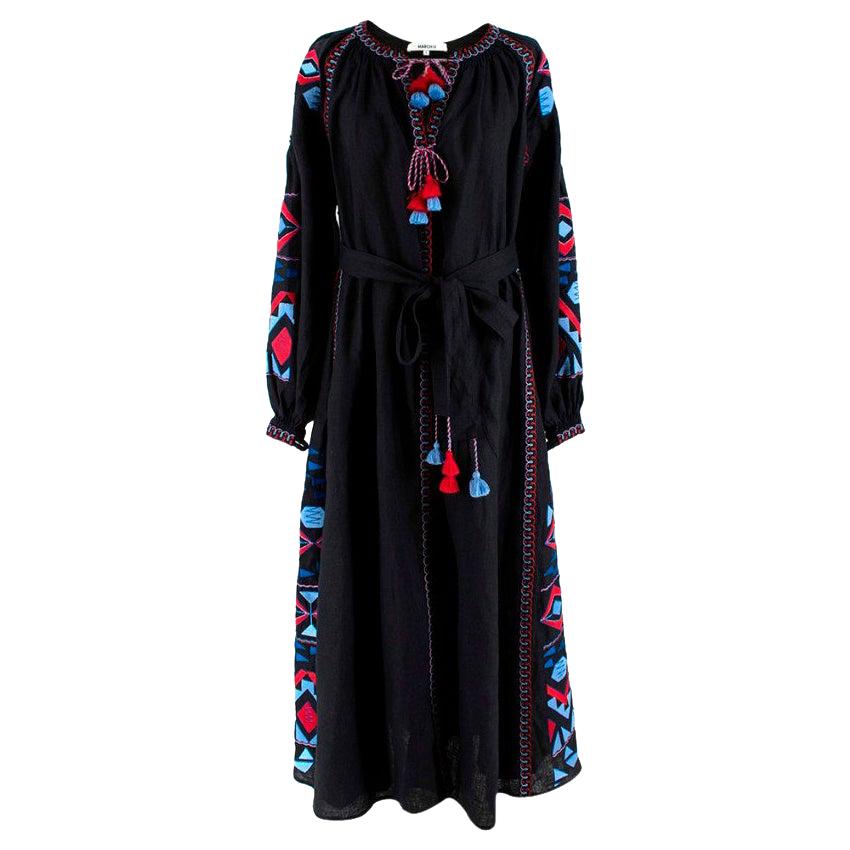 March 11 Black Linen Embroidered Tie-Waist Maxi Dress - Size S