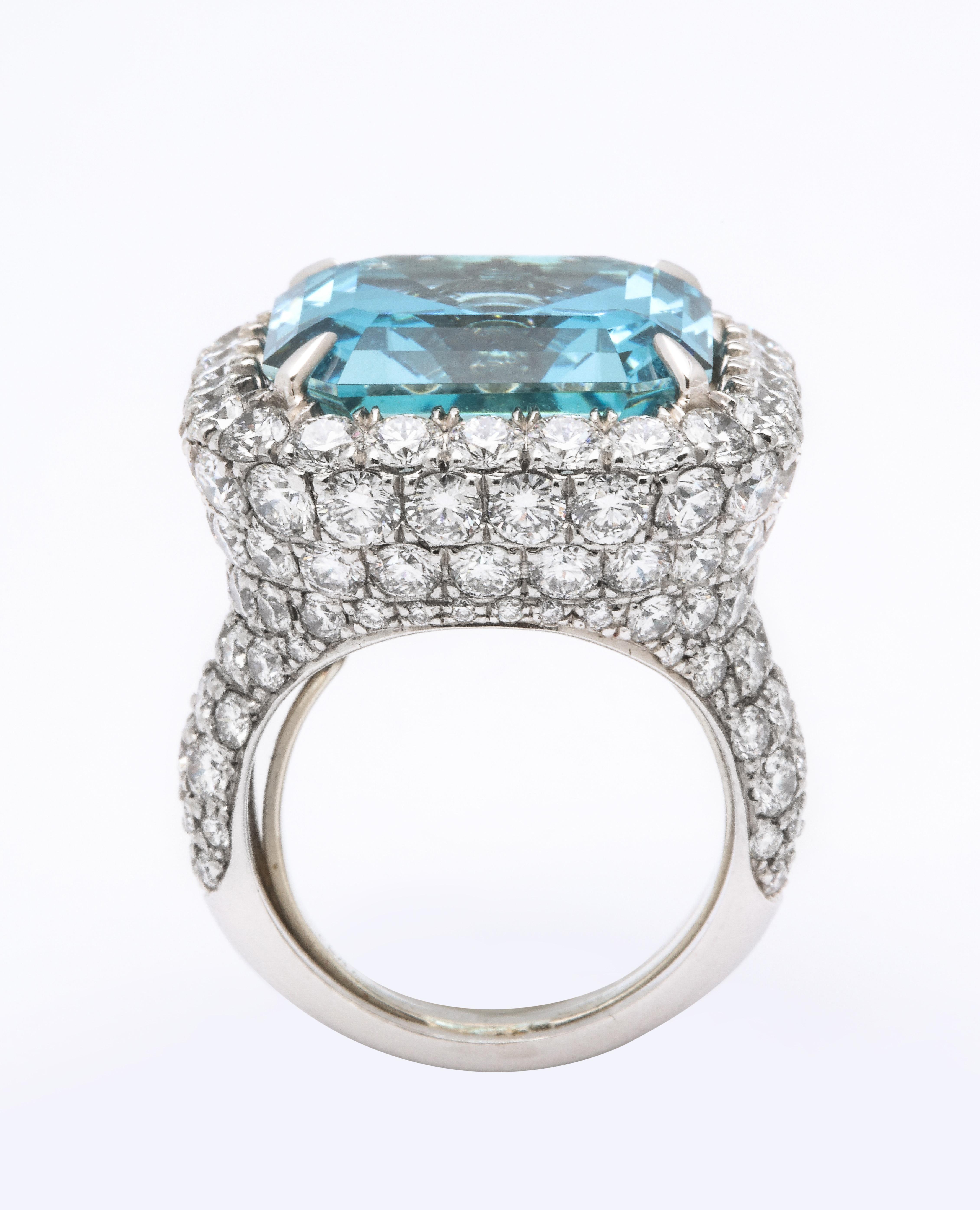 Emerald Cut March Birthstone Aquamarine Diamond Platinum Cocktail Ring