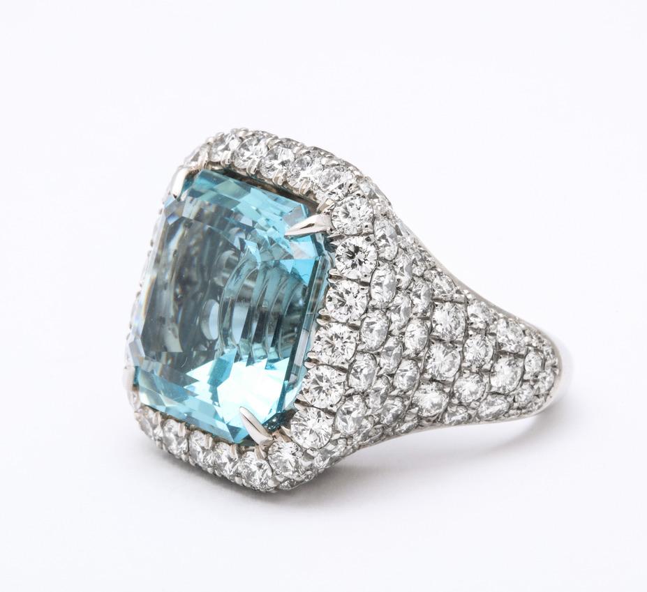 Women's or Men's March Birthstone Aquamarine Diamond Platinum Cocktail Ring