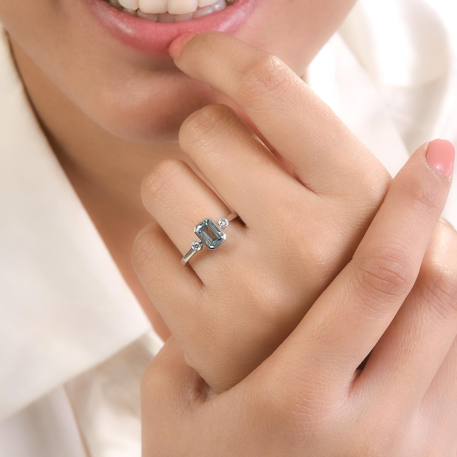 En venta: Anillo de diamantes con aguamarina, piedra de nacimiento de marzo, para mujer, en oro blanco macizo de 14k  4