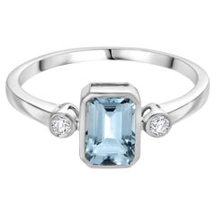 Anello da donna con diamante e acquamarina, pietra natale di marzo, in oro bianco massiccio 14k