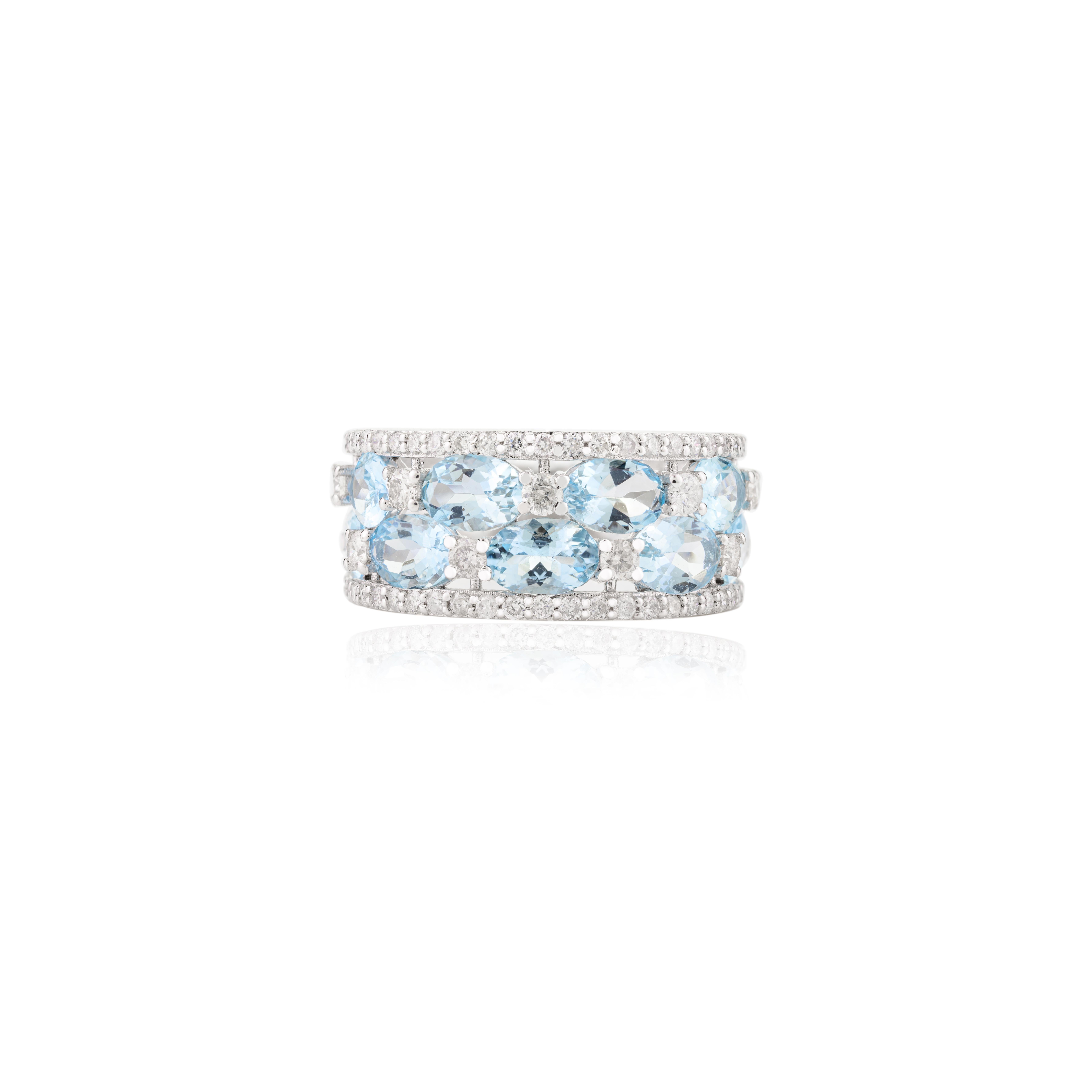 For Sale:  March Birthstone Aquamarine Diamonds Cocktail Wedding Band in 14k White Gold 10