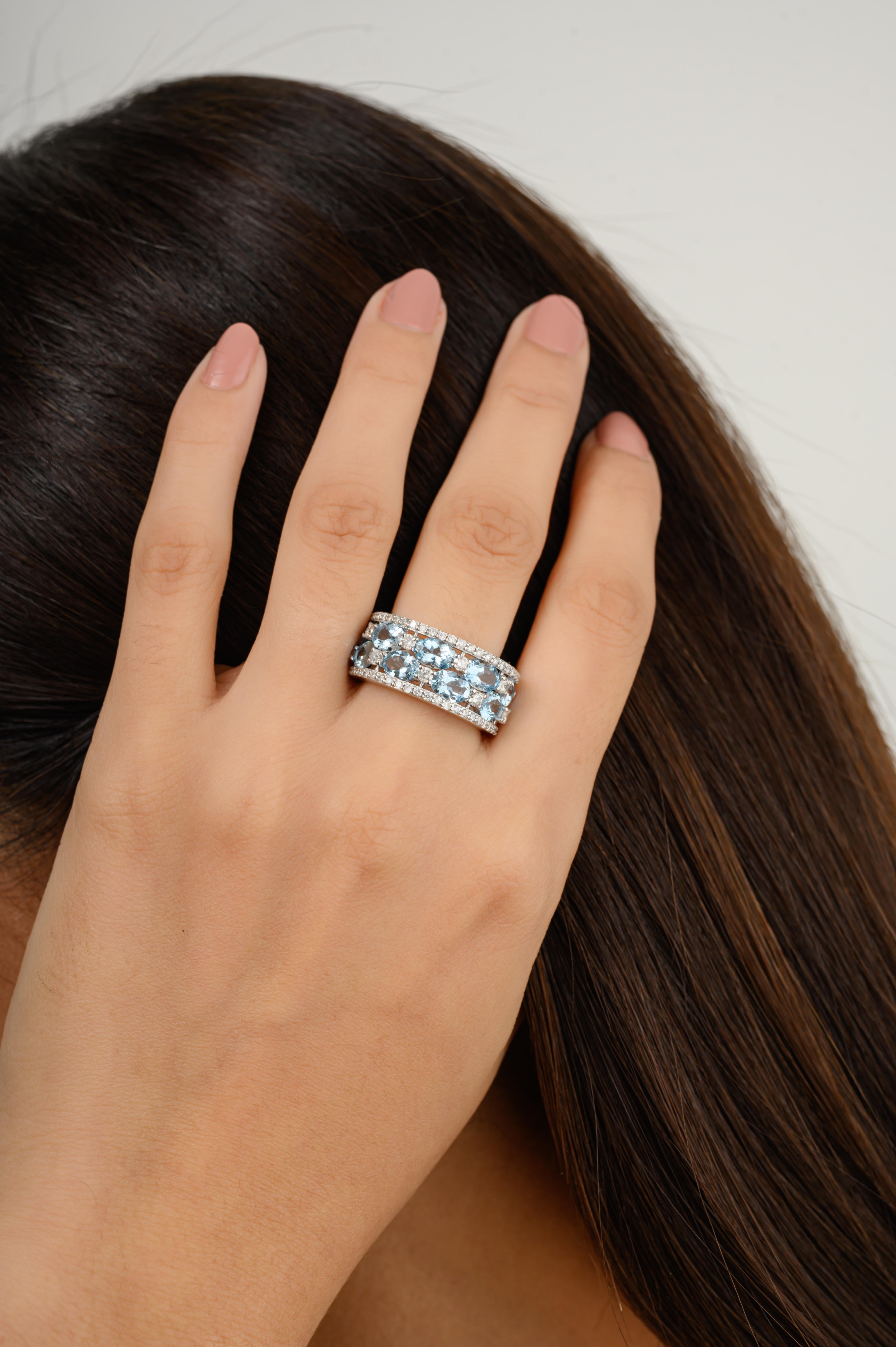 For Sale:  March Birthstone Aquamarine Diamonds Cocktail Wedding Band in 14k White Gold 2