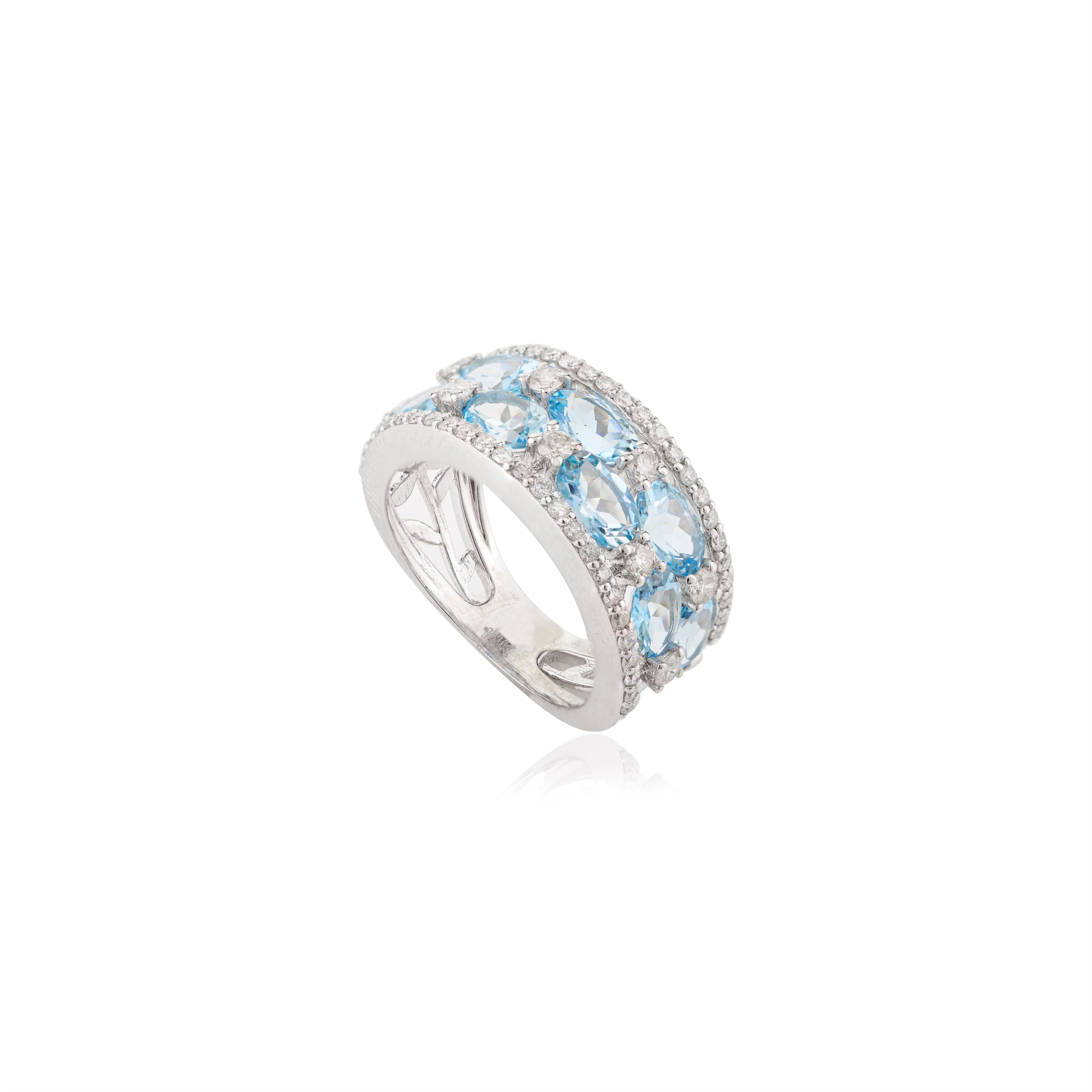 For Sale:  March Birthstone Aquamarine Diamonds Cocktail Wedding Band in 14k White Gold 5