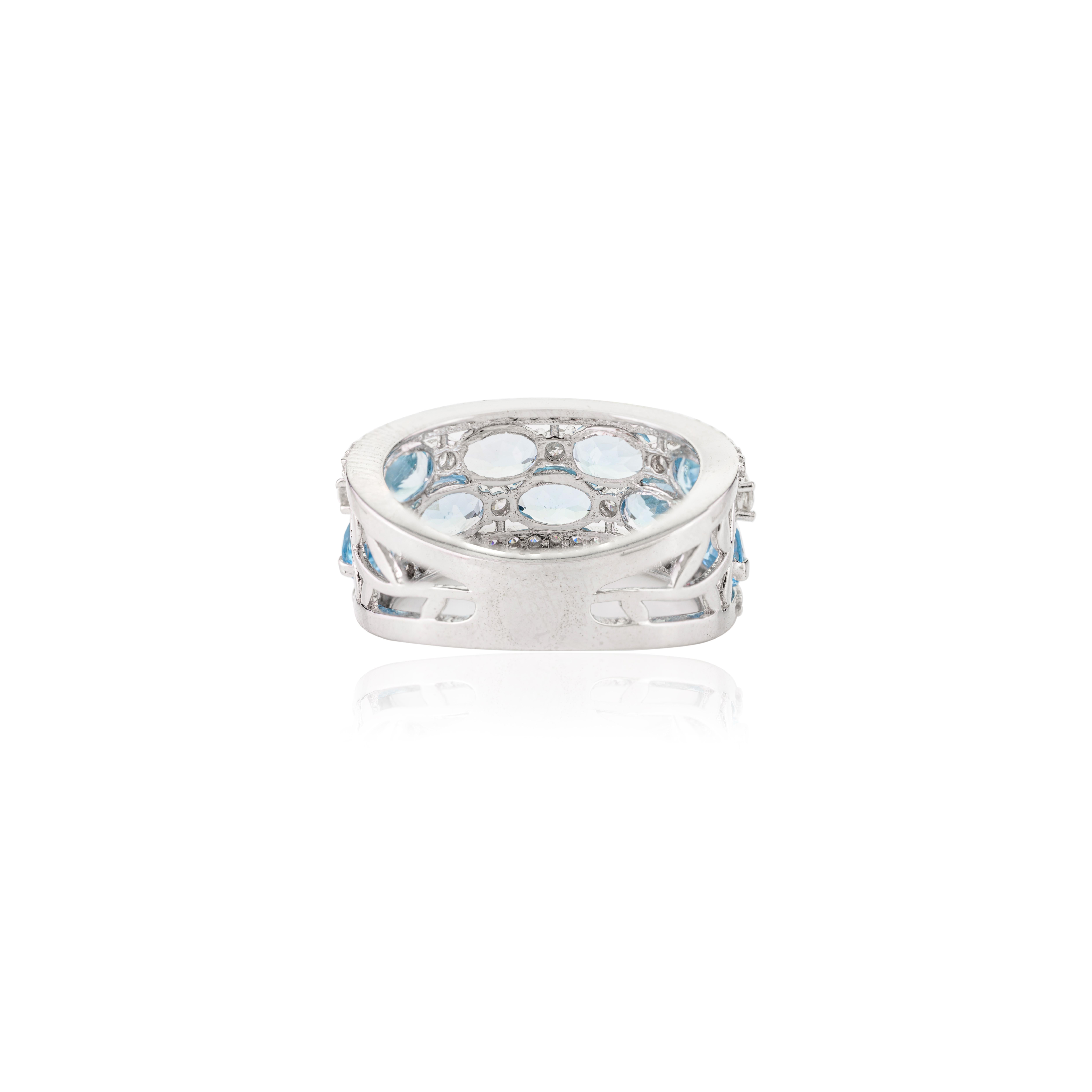 For Sale:  March Birthstone Aquamarine Diamonds Cocktail Wedding Band in 14k White Gold 7