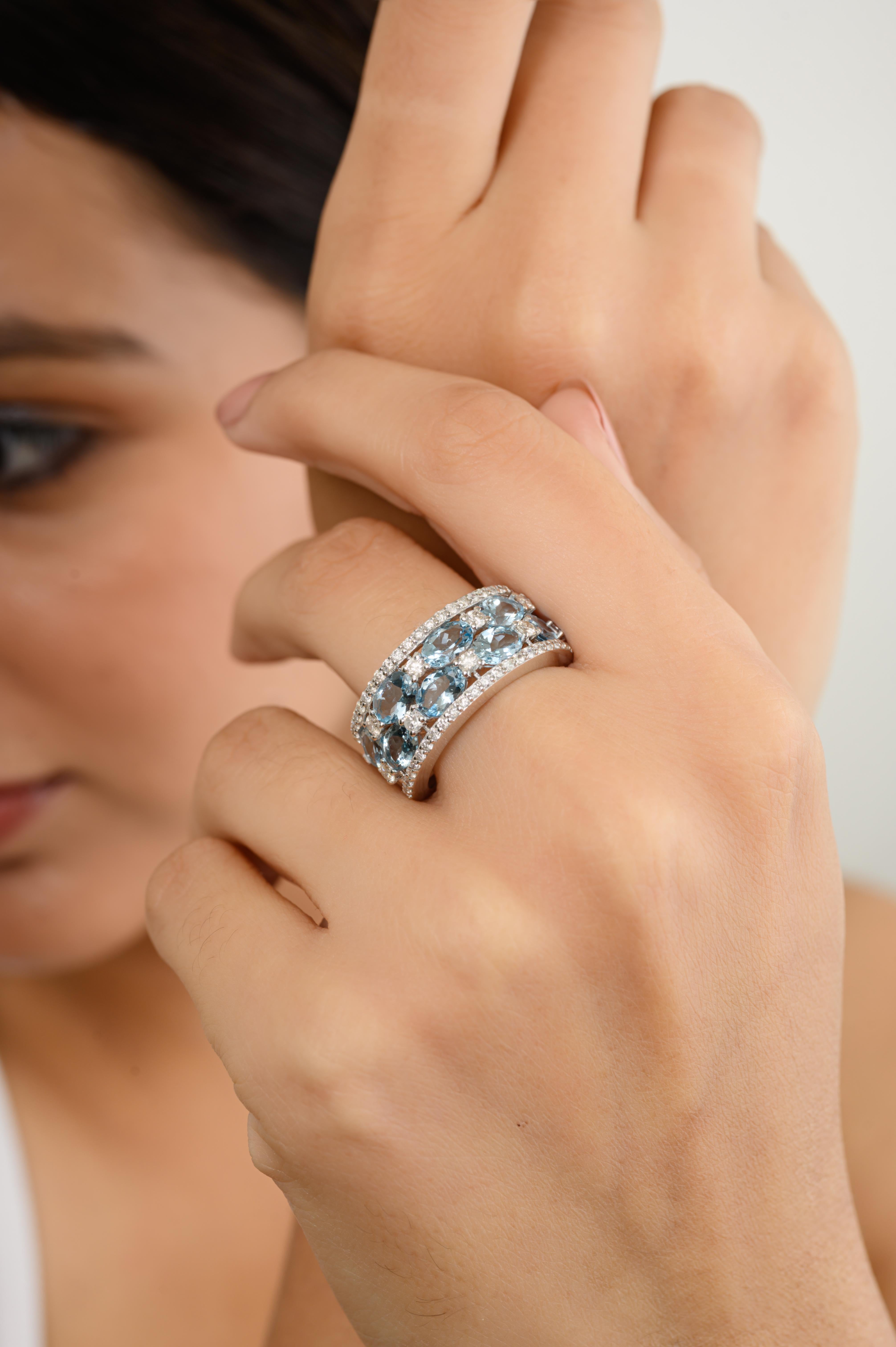 For Sale:  March Birthstone Aquamarine Diamonds Cocktail Wedding Band in 14k White Gold 8