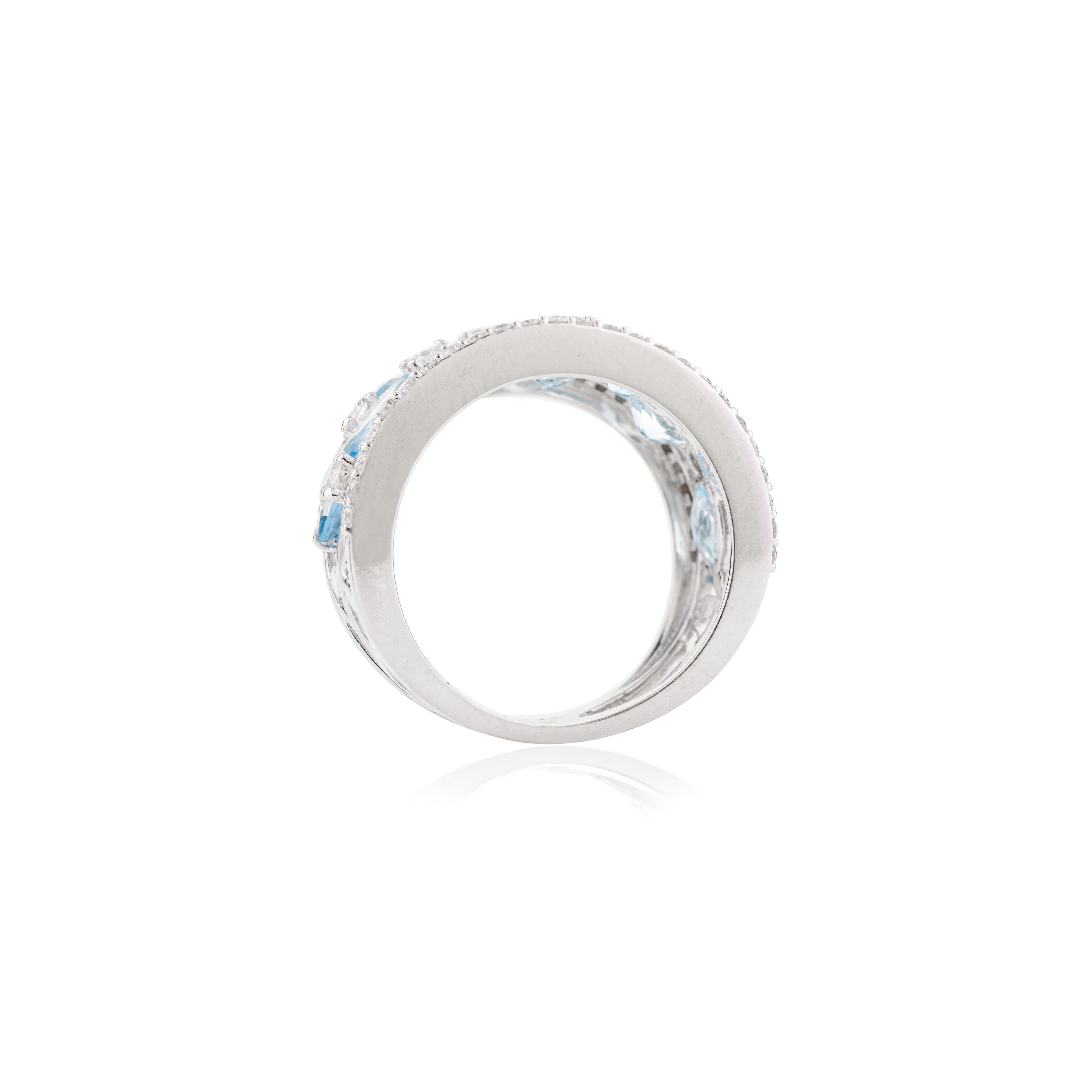 For Sale:  March Birthstone Aquamarine Diamonds Cocktail Wedding Band in 14k White Gold 9
