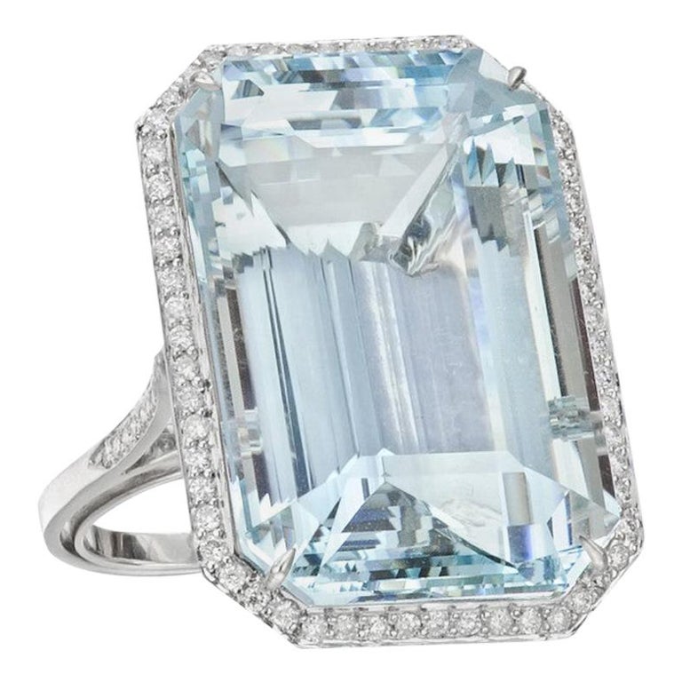 March Birthstone Emerald Cut Aquamarine Diamonds Engagement Platinum ...