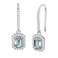 March Birthstone Emerald Cut Aquamarine Diamonds Stud Earrings 18k White Gold