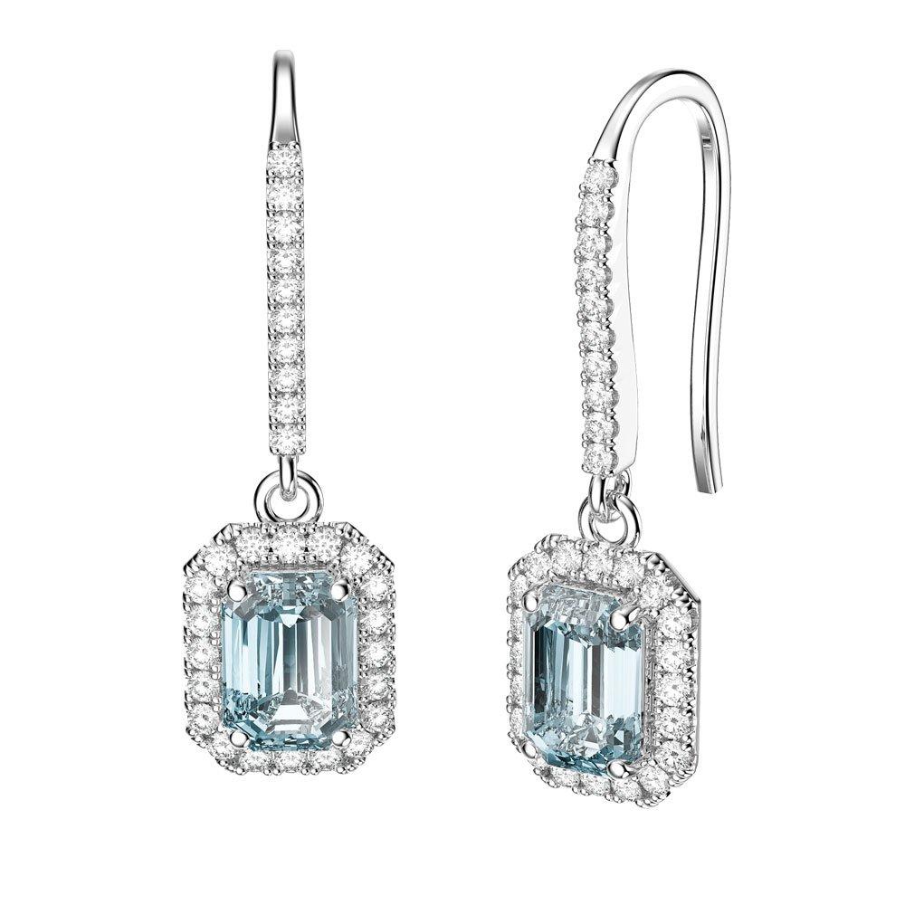 Modern March Birthstone Emerald Cut Aquamarine Diamonds Stud Earrings 18k White Gold For Sale