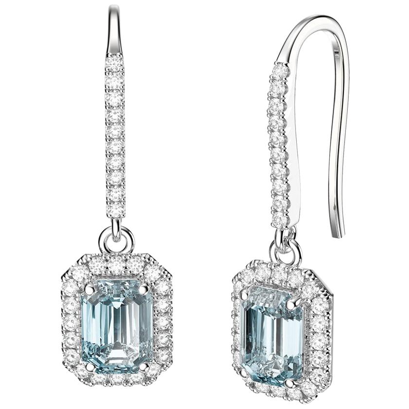 March Birthstone Emerald Cut Aquamarine Diamonds Stud Earrings 18k White Gold For Sale