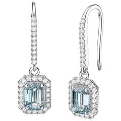 March Birthstone Emerald Cut Aquamarine Diamonds Stud Earrings 18k White Gold