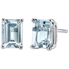 March Birthstone Emerald Cut Aquamarine Stud Earrings 18 Karat White Gold
