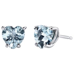 March Birthstone Heart Shape Aquamarine Stud Earrings 18 Karat White Gold