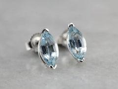 March Birthstone Marquise Cut Aquamarine Stud Earrings 18 Karat Karat White Gold