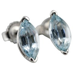 March Birthstone Marquise Cut Aquamarine Stud Earrings 18 Karat Karat White Gold