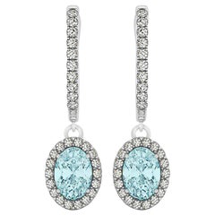March Birthstone Oval Cut Aquamarine Diamonds Stud Earrings 18 Karat White Gold