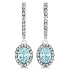 March Birthstone Oval Cut Aquamarine Diamonds Stud Earrings 18 Karat White Gold