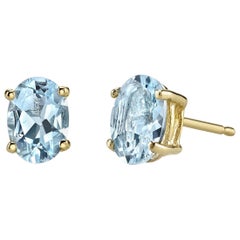 karat earrings stud birthstone aquamarine cut march gold oval