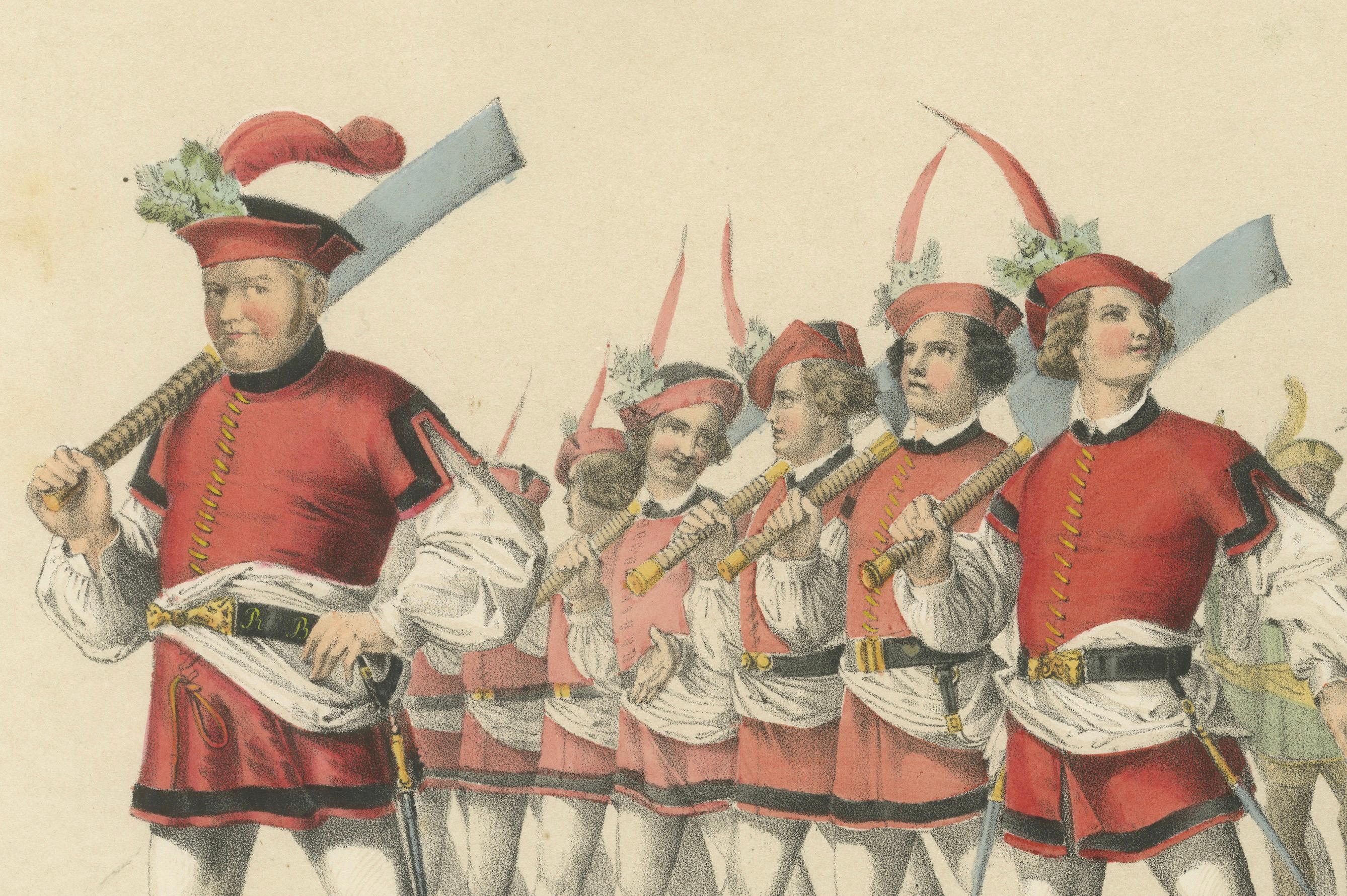 Marsch der Metzger und Gerber im Berner Festumzug  

Diese wunderschöne handkolorierte Lithographie stammt aus dem Festalbum zum Eintritt Berns in die Eidgenossenschaft am 6. März 1353, einem aufwendigen Gedenkwerk, das 1855 in Bern und Zürich