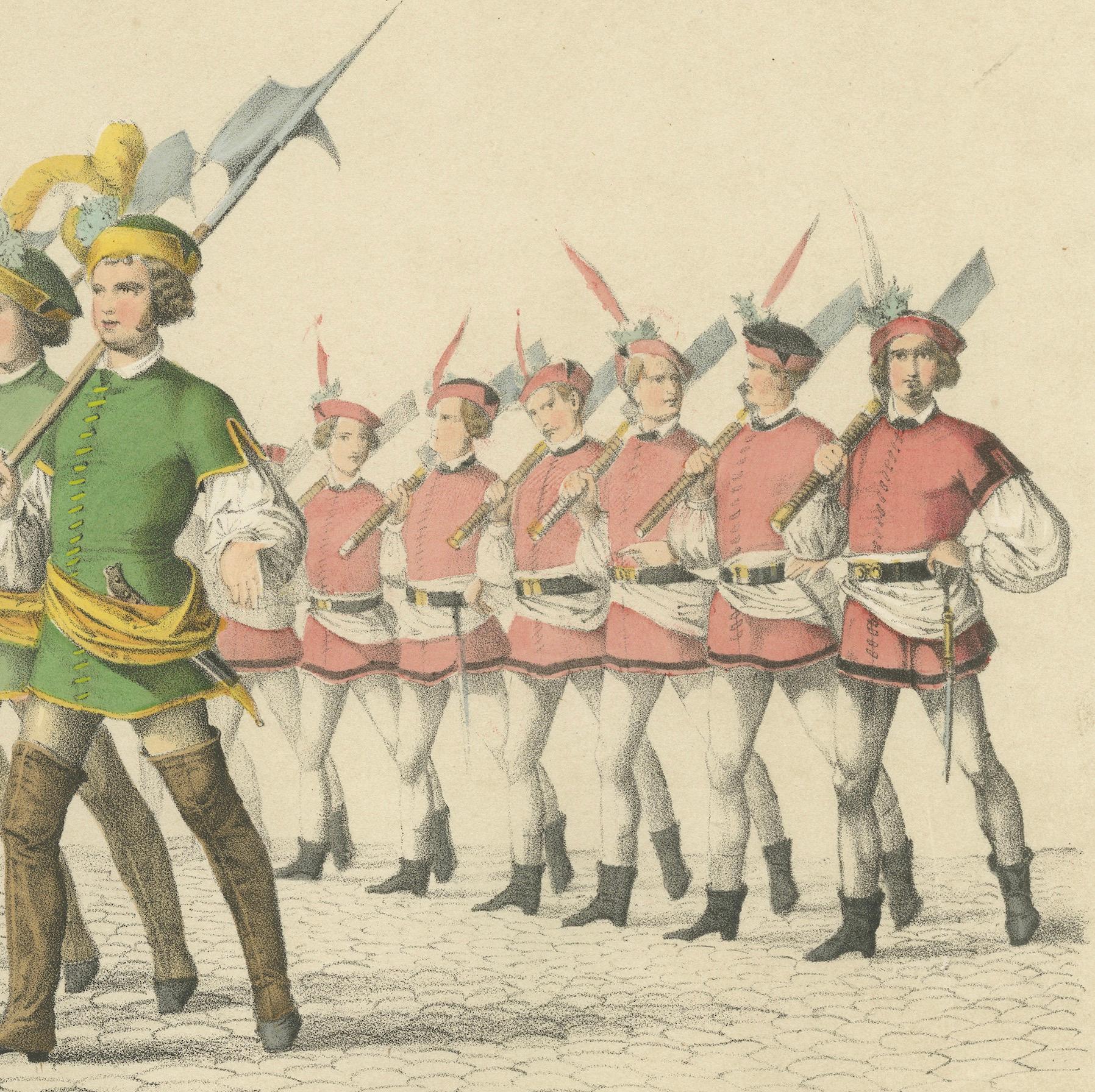 Der Marsch der Metzger und Gerber im Festumzug von Bern, 1855 Litho im Zustand „Gut“ im Angebot in Langweer, NL