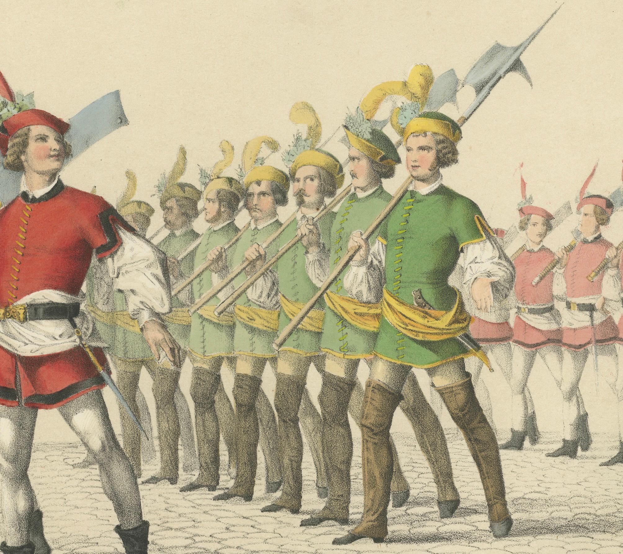 Der Marsch der Metzger und Gerber im Festumzug von Bern, 1855 Litho (Mittleres 19. Jahrhundert) im Angebot