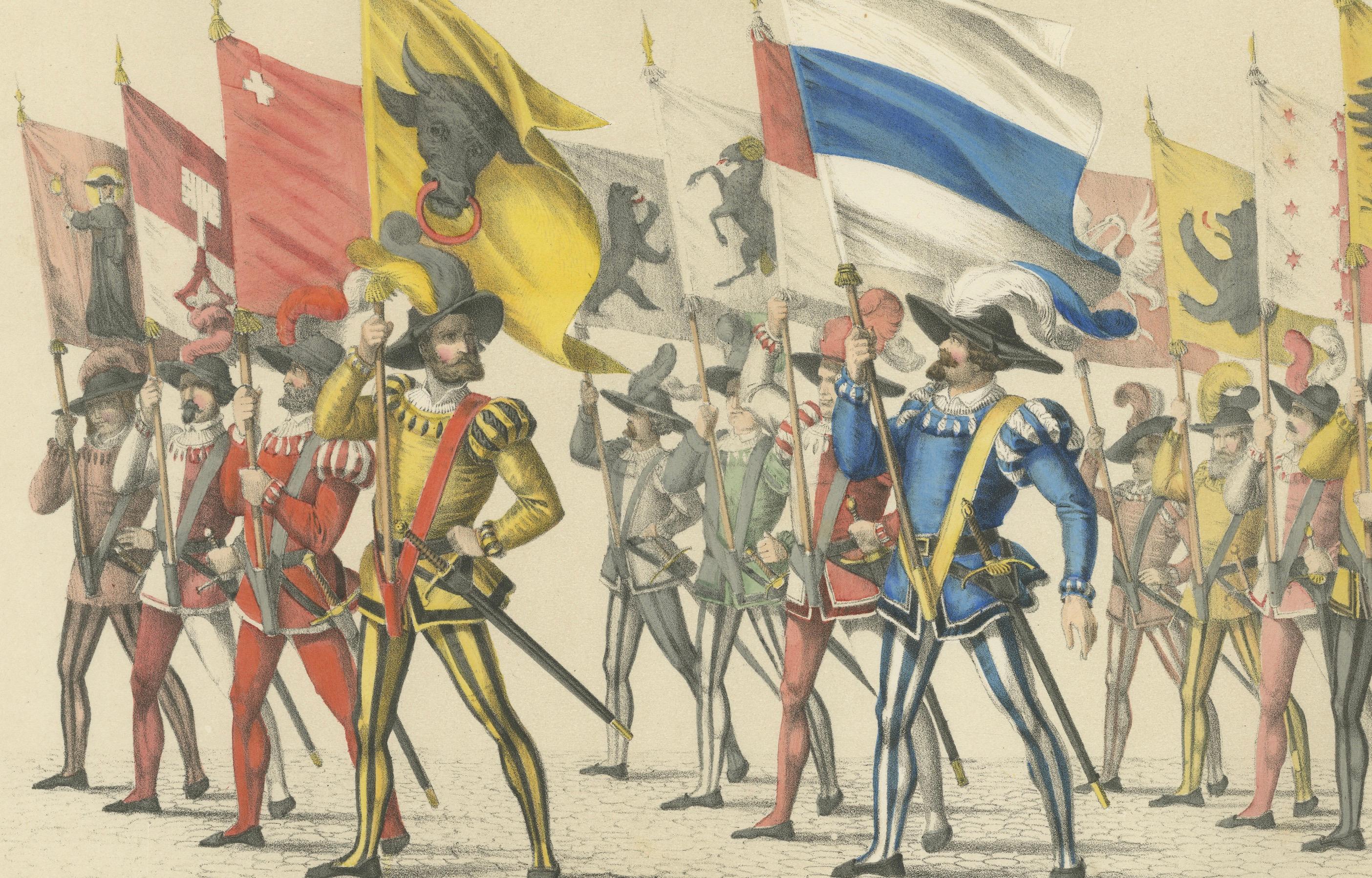 March of the Confederates – The United Cantons and Their Proud Banners, 1855  

This vibrant hand-colored lithograph, created by H. Jenny and lithographed by Kümmerly and Wittmer, is part of the *Fest Album* commemorating Bern’s entry into the Swiss