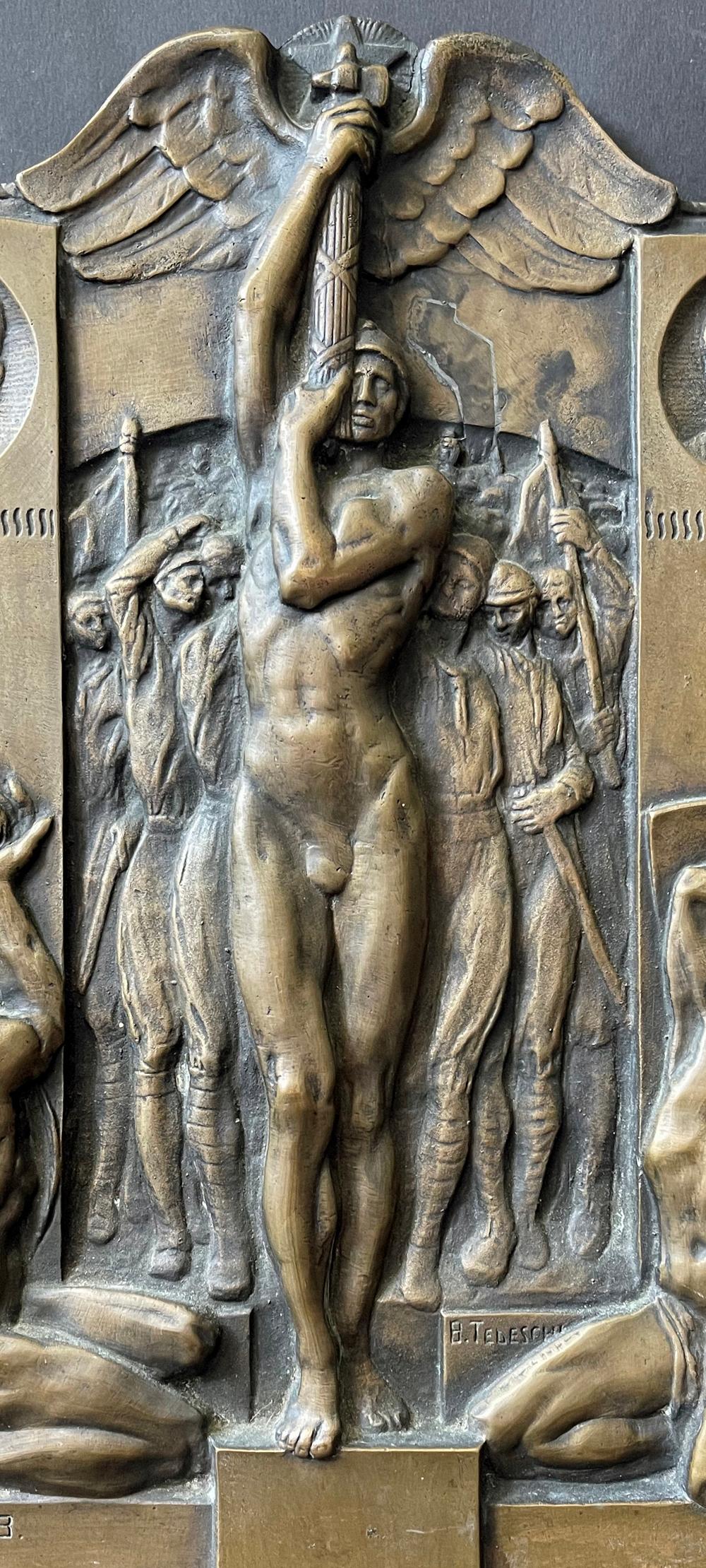 A remarkable example of Art Deco sculpture-cum-propaganda art, this bronze panel -- unique to our knowledge -- was sculpted by Giovanni Battista Tedeschi to mark the rise of fascism in Italy and Benito Mussolini's ascension to power. The central